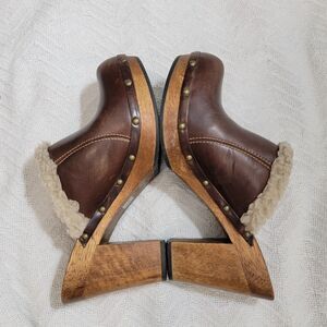 Vintage Y2K 90s Mia Wooden Clogs Mules Brown Leather‎ Shepra Lined Size 8